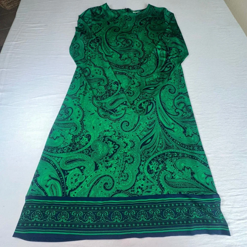 Michael Kors Jersey Shift Dress Green & Paisley Pattern Long Sleeve Sheath Med